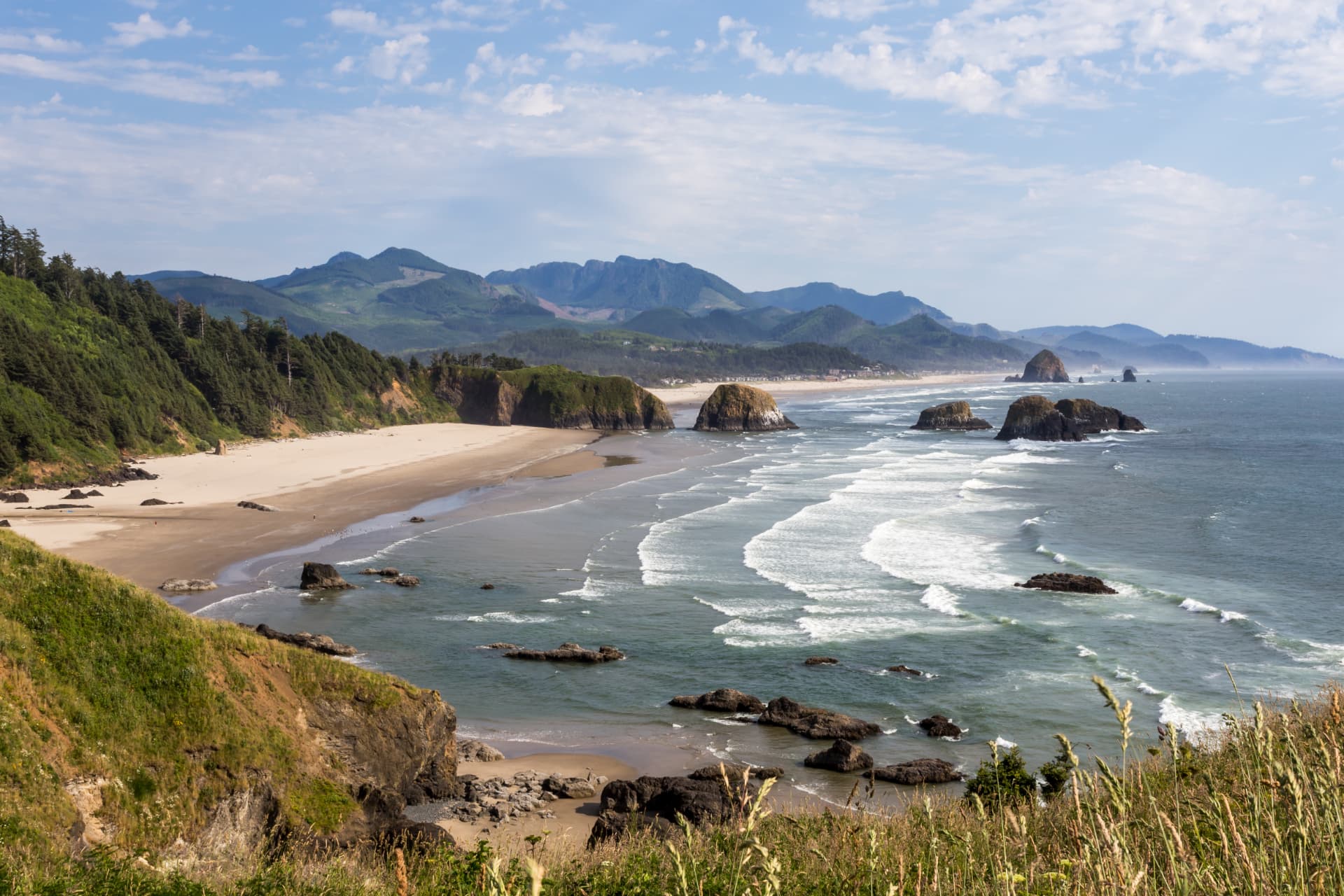Sea stacks, forested headlands and rolling surf along the Oregon coast near Cannon Beach