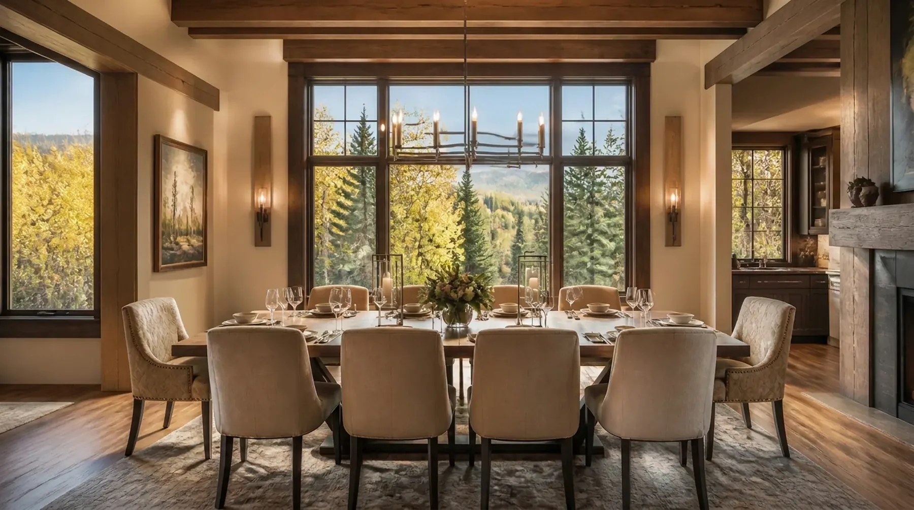 Mountain-view dining space in an Awayday managed home, set for guests arriving that afternoon